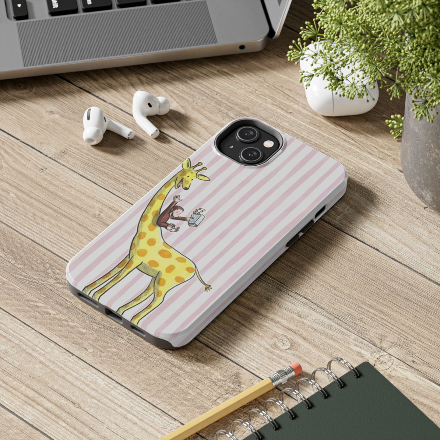 Curious George and Giraffe — Giraffe & Monkey Phone Case Cute Pink Striped Tough Case